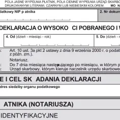 Formularz PCC-2, deklaracja o wysokości pobranego podatku. Wypełniany przez notariusza, zawiera dane dotyczące okresu, podstawy prawnej i miejsca złożenia.