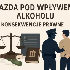 Policjant prowadzi zatrzymanego mężczyznę. Obok waga sprawiedliwości, księgi prawa i butelka. Jazda pod wpływem alkoholu to art. 178a kk.