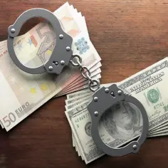 Kajdanki na stosach euro i dolarów. Symbolizuje to przestępstwo finansowe, np. związane z art. 286 par. 1 kk.