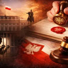 Symboliczna scena: więzień za kratami, pałac prezydencki, pieczęć i młotek sędziowski. Ułaskawienie prezydenta Nawrockiego.