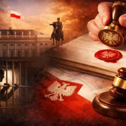 Symboliczna scena: więzień za kratami, pałac prezydencki, pieczęć i młotek sędziowski. Ułaskawienie prezydenta Nawrockiego.