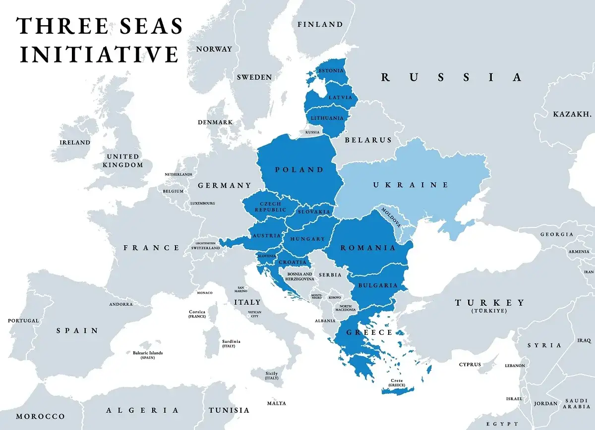 Mapa Europy z zaznaczonymi krajami inicjatywy Trójmorze.
