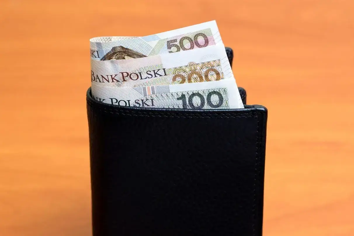 Portfel z banknotami 100, 200 i 500 zł. Może to być wsparcie z MOPS, np. renta socjalna.