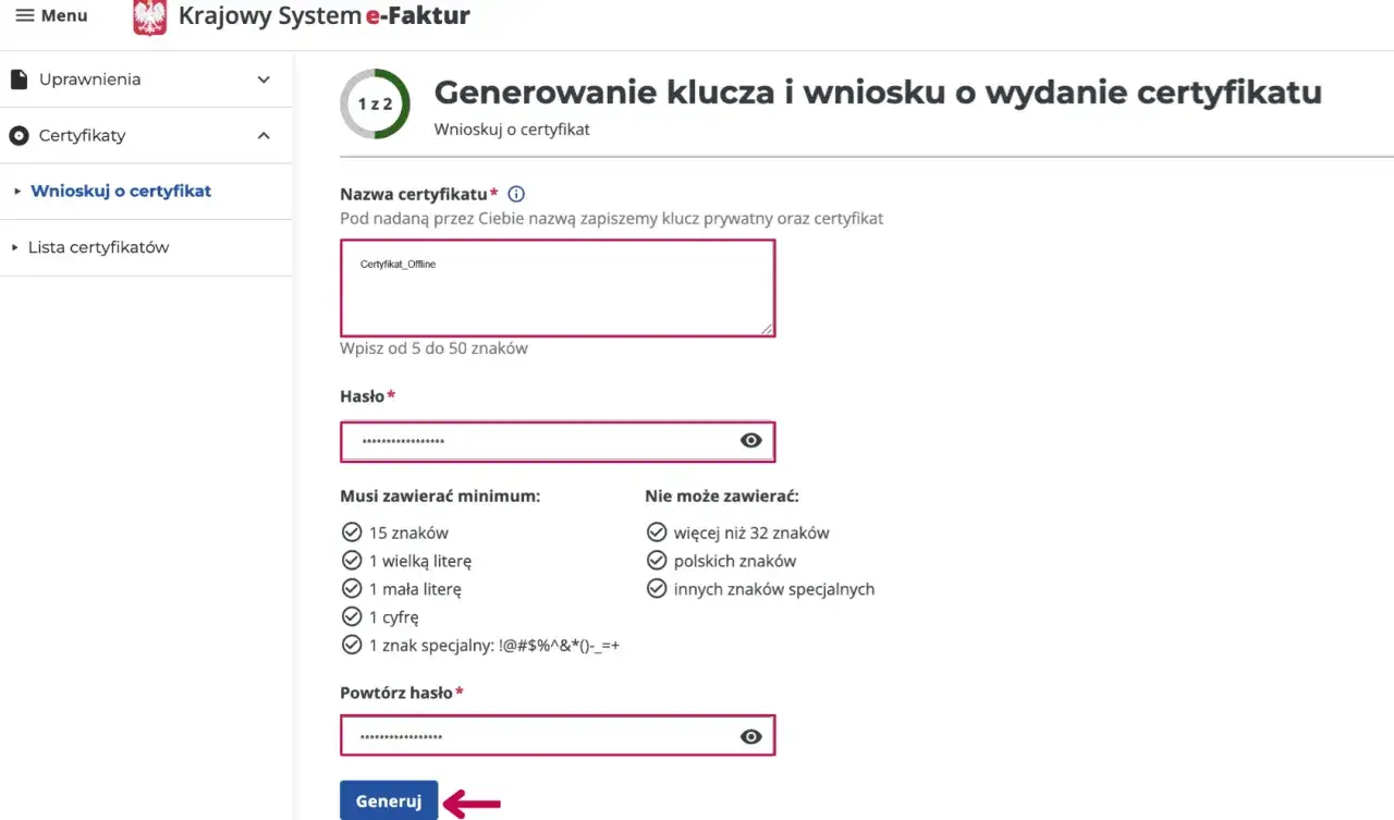 Generowanie klucza i wniosku o certyfikat KSeF. Wpisz nazwę certyfikatu i hasło, aby uzyskać token KSeF.
