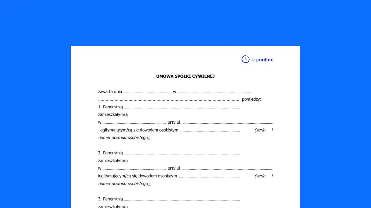 Formularz umowy spółki cywilnej. Dokument zawiera pola do wpisania danych wspólników, ich adresów i numerów dowodów osobistych.