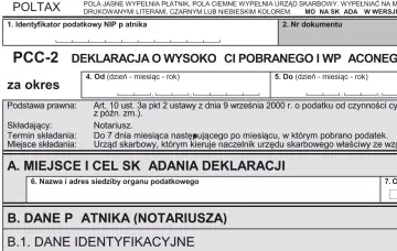 Formularz PCC-2, deklaracja o wysokości pobranego podatku. Wypełniany przez notariusza, zawiera dane dotyczące okresu, podstawy prawnej i miejsca złożenia.